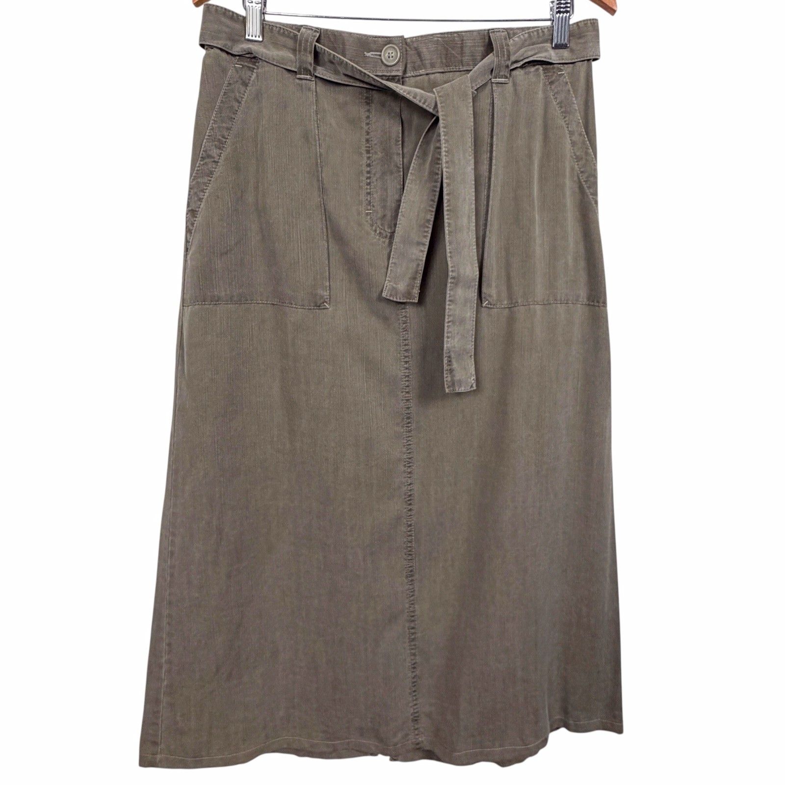 Nwt M&S Marks & Spencer Tencel Lyocell A-Line Midi Skirt Green Belted Size 10 — image 2 of 8